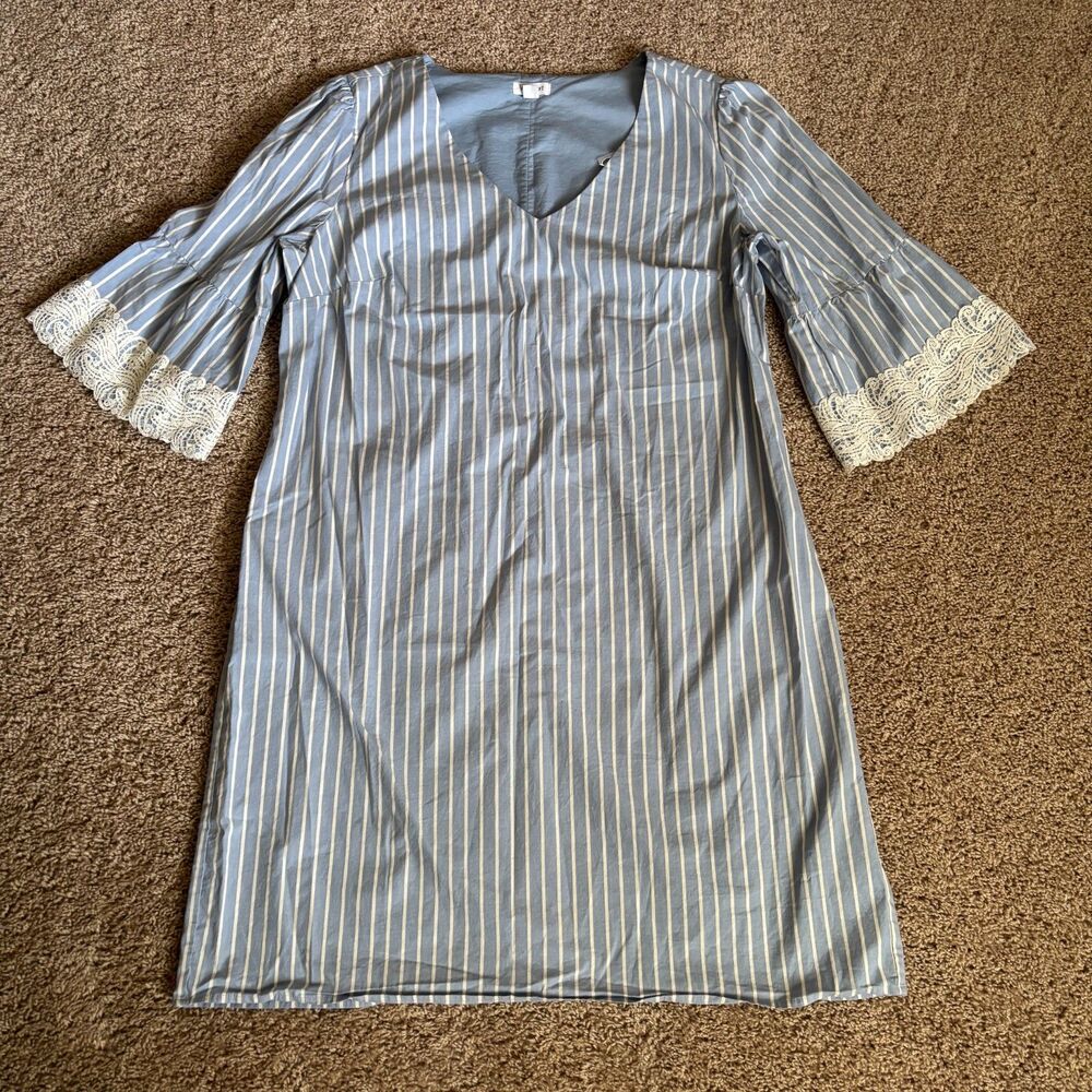 Westport Dress Womens 16 Blue White Pinstripe Cotton Stretch V-Neck Lace Sleeves